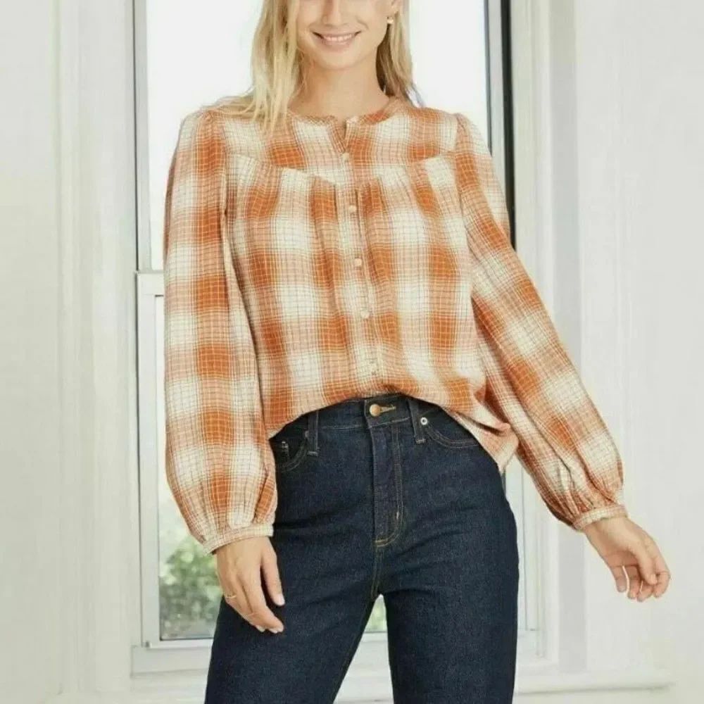 Universal thread orange plaid gauzy puff sleeve blouse small